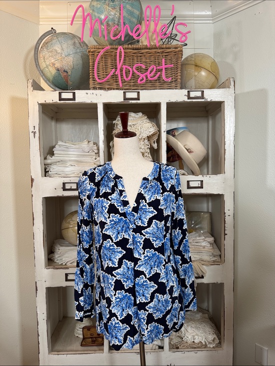 crown & ivy Tops - crown & ivy Blue and White Floral V-Neck Blouse